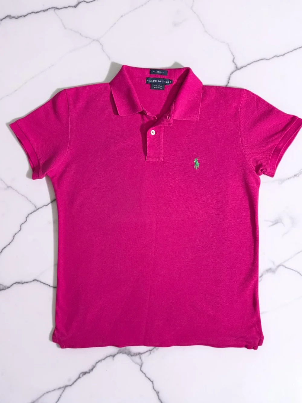 Ralph Lauren Mens Small Polo Shirt in Bright Fuchsia with Green Logo
